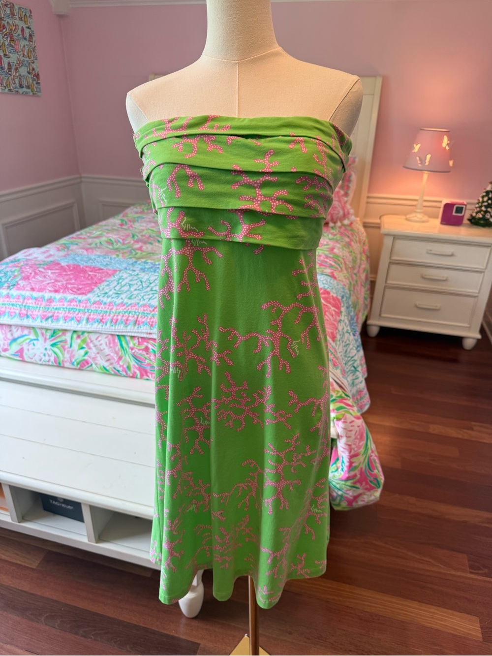 Lilly Pulitzer Green Strapless Midi Skirt with Pink Coral Print